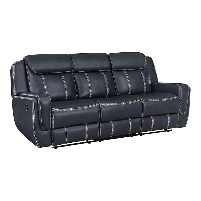 Lexicon Modern Double Recliner Sofa Faux Leather Reclining Sofa with Center Drop-Down Cup Holders Storage Pouch Receptacles USB Ports Manual Recliner Couch for Living Room/Office/Apartment Blue