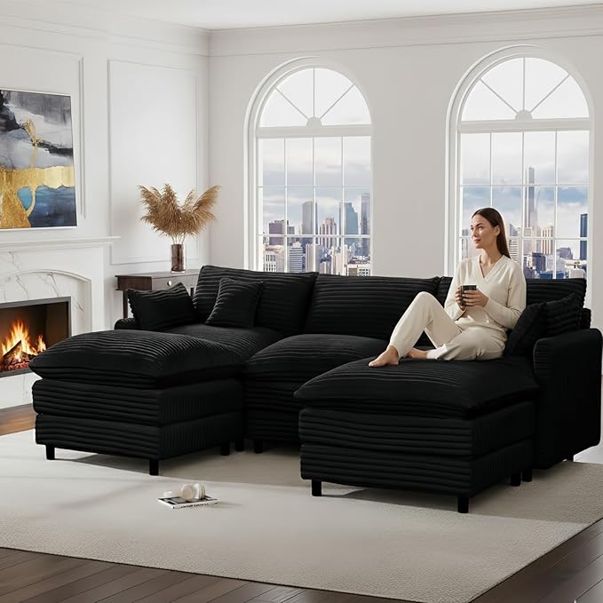 108'' Modular Sectional Sofa U-Shaped Sectional Couch with Deep SeatComfy Fluffy Soft Corduroy 5-Seat Couches Modern Convertible Cloud Sofa with Ottoman for Living Room Small Apartments(Black)