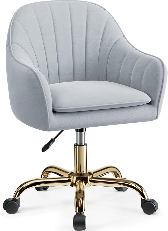 Vanity Chair with Wheels Comfy Home Office Desk Chairs Adjustable Modern Velvet Makeup Vanity Chairs for Bedroom Living Room-Gray