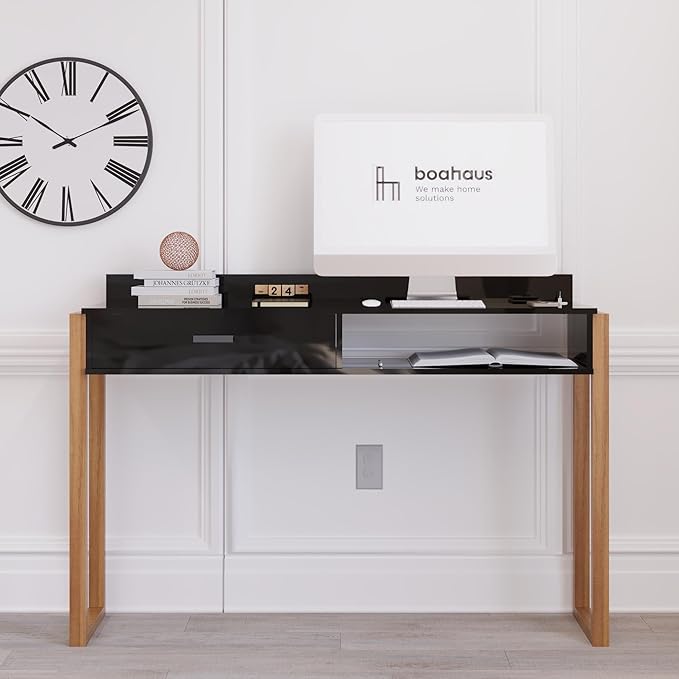 Boahaus Kettlewell Modern Black Computer Desk with USB Ports Large Drawer Open Shelf &amp Solid Wood Legs – Home Office Workstation
