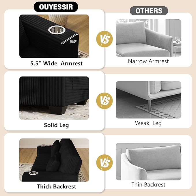 OUYESSIR 80 Loveseat Sofa for Living RoomModern Sofa with USB Charging Ports &amp Cup HoldersComfy Corduroy Couch with Upholstered Cushion3 Seater Deep Seat Couch for Small SpaceBedroom Black