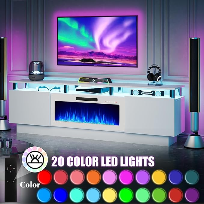 80 Modern Fireplace TV Stand with 36 Electric Fireplace for TVs Up to 90 inch Luxury LED Light Entertainment Center with High Gloss Cabinet White + Silver Posts with White Fireplace