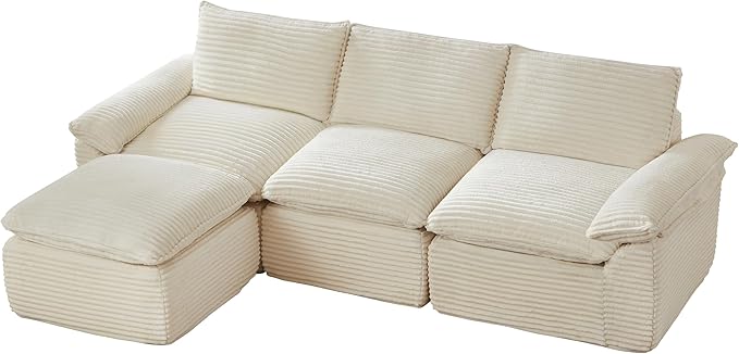 KEIKI 111 L-Shaped Oversized Corduroy Modular Sectional Sofa with 1 Ottoman &amp High-Density Foam Cushion &amp Pillows Upholstered Modern Cloud 3-Seater Couch Easy Assembly for Living Room Whi