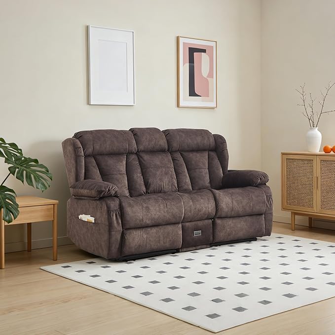 Loveseat Recliner Sofa Velvet Loveseat Reclining with Console for Living Room RV Recliner Couch with Cup Holder/AC/USB C/USB and Drawer Manual Reclining Love seat Couch (Brown)
