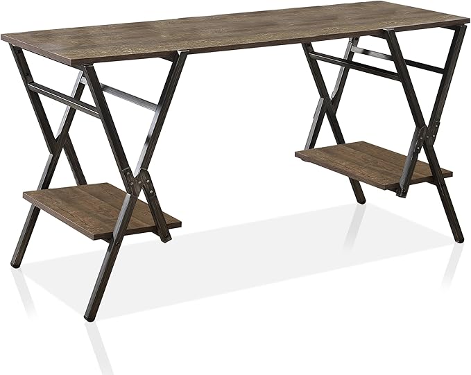 24/7 Shop at Home Hoyte Farmhouse 2 Shelves Metal Writing Desk with USB Port Power Outlet for Workstation Home Office Study Room Rustic Brown and Gun Metal