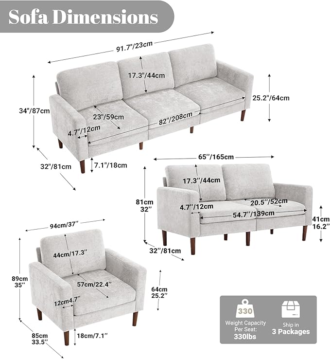 Kingfun 3 Seater Sofa with Loveseat and Chair Chenille Couch Mid Century Modern Couches with Solid Wood Legs for Living Room &amp Bedroom Grey