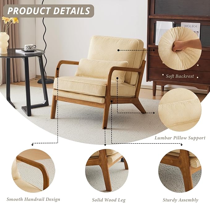 Karl home Mid-Century Modern Accent Chair Living Room Chairs with Pillow Corduroy Upholstered Lounge Armchair with Solid Wood Frame &amp Soft Cushion for Bedroom Reading Room Beige &amp Yellow