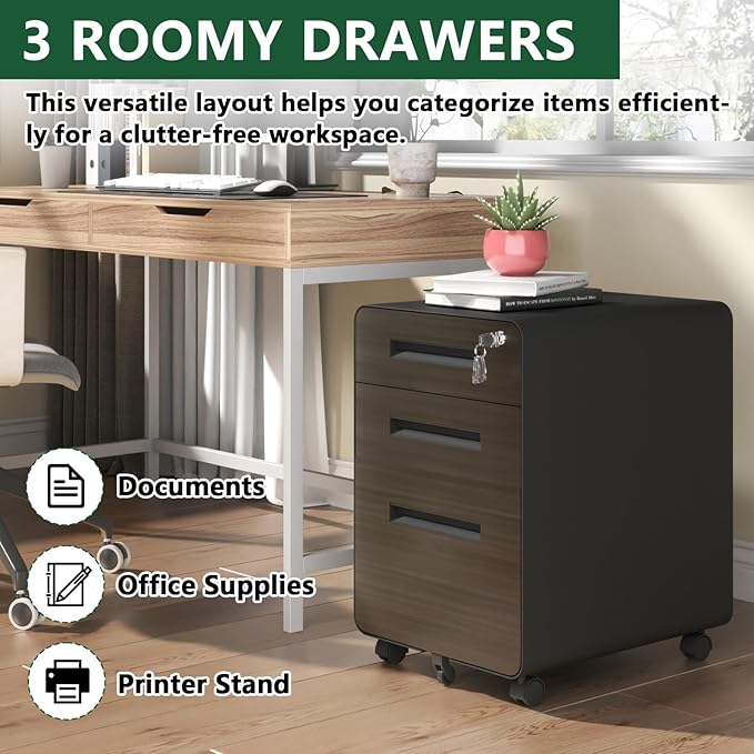 3 Drawer Filing Cabinet Lockable Metal File Cabinet Mobile File Cabinets for Home Office Under Desk Cabinets for Organizer A4/Letter/Legal Fully Assembled (Black)
