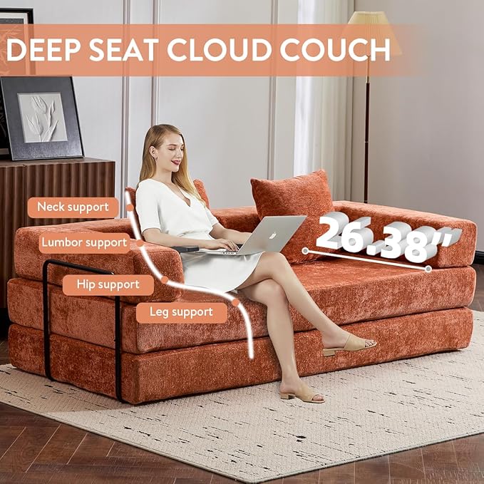 4-in-1 Convertible Folding Sleeper Sofa Bed Fold Out Floor Sofa Couch with Fixed-Shape Frame Cloud Corduroy Foldable Mattress Couch for Living Room Bedroom (78.5 Chenille Orange)