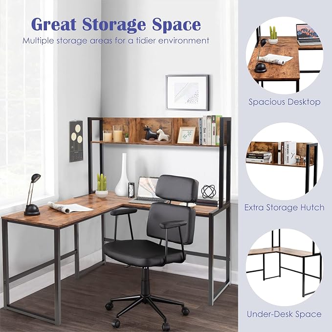 MEDIMALL L-Shaped Desk w/Storage Shelf Reversable Corner Desk Game Table w/Sturdy Metal Frame Multifunctional Computer Desk for Home Office (Rustic Brown)