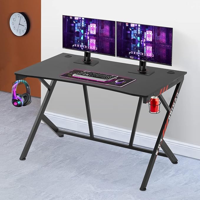 PayLessHere Gaming Desk 45 inch PC Desk Large Computer Desk Ergonomic Home Office Desk Gaming Workstation with Cup Holder &amp Headphone Hook (Red)