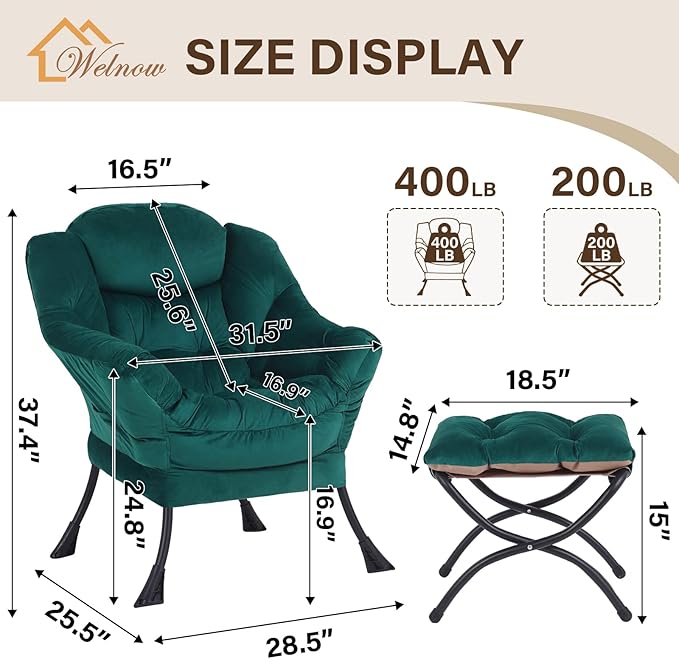 Welnow Lazy Chair with Ottoman Modern Accent Chair with Armrests and a Side Pocket Leisure Sofa Armchair Reading Armchair with Footrest for Small Space Dark Green