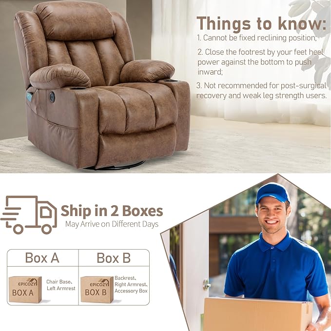 360° Swivel Rocker Recliner Chair with Heat and Massage Manual Glider Rocking Reclining Chair Swivel Overstuffed Lounge Reclining Chair with 2 Cup Holders Side Pockets &amp USB Ports Brown