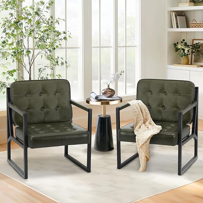 COLAMY Accent Chairs Set of 2 Modern Accent Arm Chairs for Living Room Comfy Leather Armchairs with Metal Legs for Reception Waiting Room Office Lobby Green