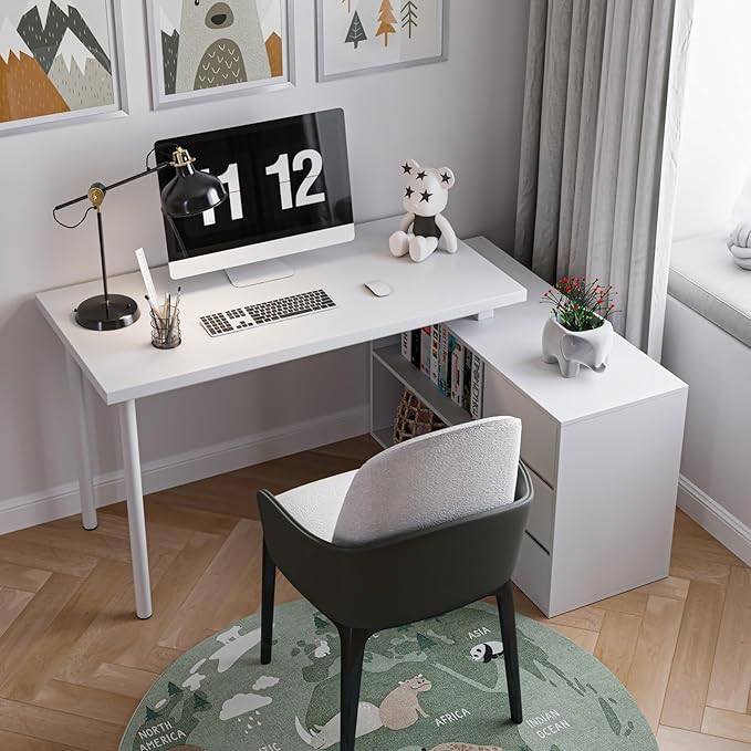 L Shape Computer Desk with 3 Drawers and 2 Shelves Home Office Desk Corner Small Desk with Storage Cabinet for Writing Study Executive – White