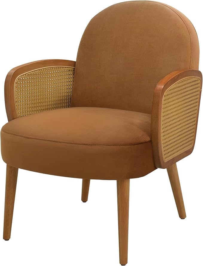 Mid Century Accent Chair with Rattan Armrests Wooden Legs for Living Room Reading Bedroom Balcony Brown