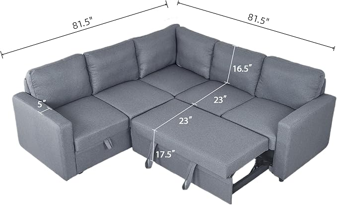 Sleeper Sofa Couch with Pull Out Bed L Shaped Couch Bed with Storage Sectional Sleep Couches Convertible Sleeper Sofa Beds W/Reversible Chaise&ampBack Cushion for Living Room Grey