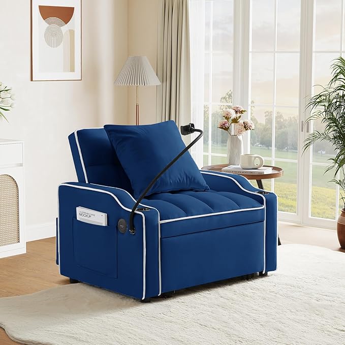 Convertible Sleeper Chair Sofa Bed3 in 1 Velvet Tufted Pull Out Couch with Phone Holder &amp USB PortsFuton Small Couch Bed with Cup Holders &amp Adjustable Backrest for Living RoomSmall Place(Bl