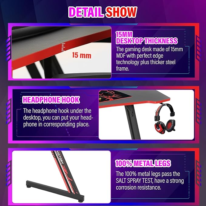 47 Inch Gaming Desk Wood Gaming Table Modern Z-Shaped Computer Desk for Home Office with Headphone Hook - Sturdy Gamer Workstation Table with Carbon Fibre Desktop Red
