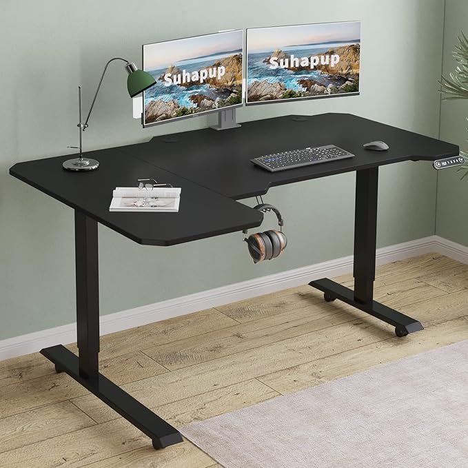 Electric Height Adjustable Standing Desk 59 L-Shaped Sit - Stand Desk for Work or Home Office Push Button Memory Settings Black Splice Board/Black Frame