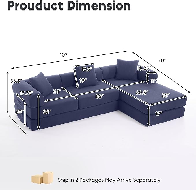 Modular L Shaped Sofa Bed with Cylindrical Pillow &amp Reversible Chaise Corduroy Convertible Floor Boneless Sofa Couch Bed with Fixed-Shape Frame &amp Storage Pocket for Living Room Blue