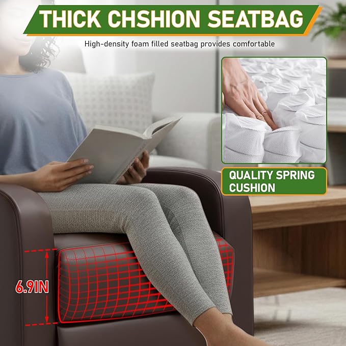 PayLessHere Recliner Chair Single Reclining Sofa Home Theater Seating with Lumbar Support and Padded Backrest for Living Room and Bedroom (Leather Brown-Massage)