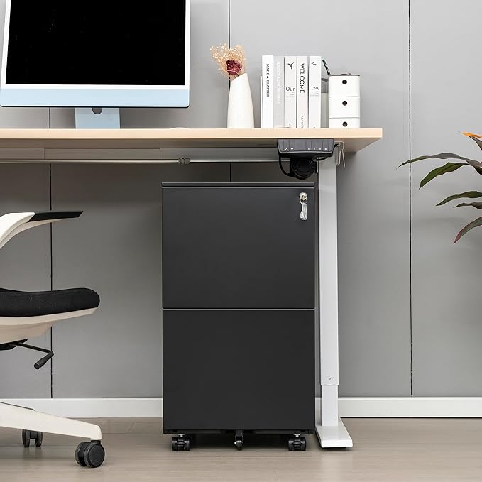 JULYFOX 2 Drawers Mobile File Cabinet W/Lock 27.2 inch Black Steel Filing Cabinet on Casters with 2 Keys Fully Extension Drawers Letter Legal A4 Size 300 lb Heavy Duty-Black