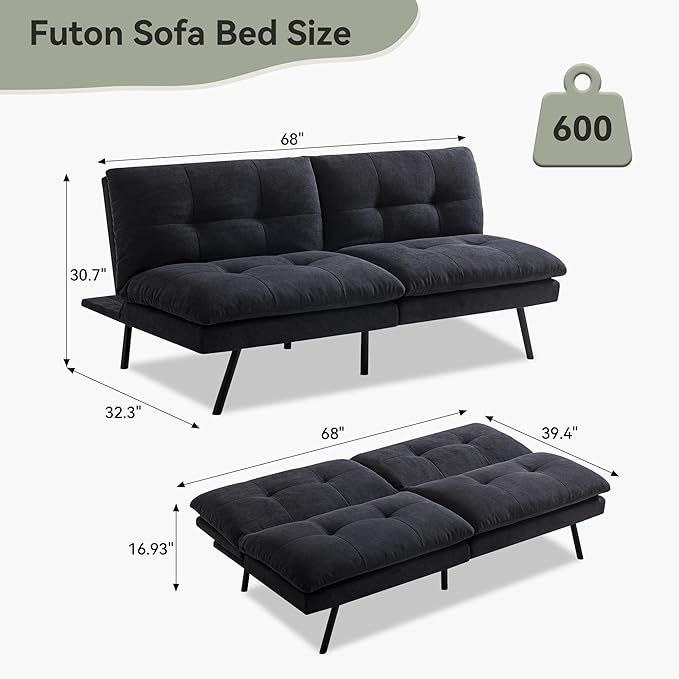 Convertible Futon Sofa BedMemory Foam Linen Fabric Futon Couch with Adjustable BackrestFolding Loveseat Sleeper Recliner for for Living RoomOfficeApartmentDeep Black