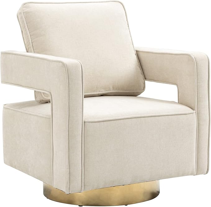 Betoko Swivel Accent Barrel ChairModern Open Back Armchair with Gold Metal BaseChenille Upholstered Club Chair with Pillow for Living Room (Beige)