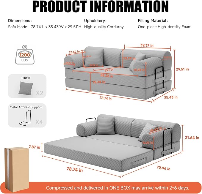 78.8 Boneless Memory Foam Couch Corduroy Convertible Floor Sofa Bed Fold-Out Sleeper Futon Loveseat Wide Armrests &amp Supportive Back 1200 lb Couch in a Box 2 Pillows Light Grey