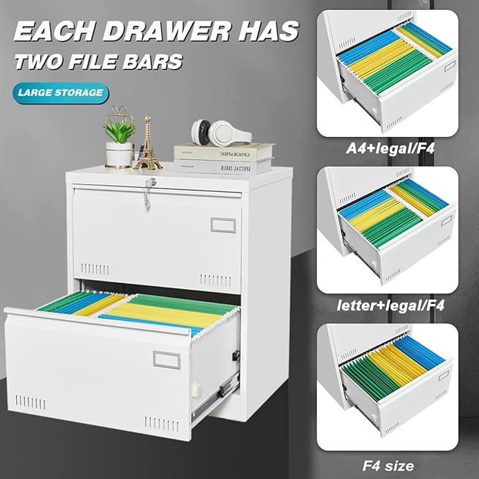 Metal Lateral File Cabinet with 2 Drawers Office Filing Storage Locking Cabinet for Home Office Heavy Duty Office Storage Cabinet for Legal/Letter/A4/F4 Size (Require Assembly) (White)