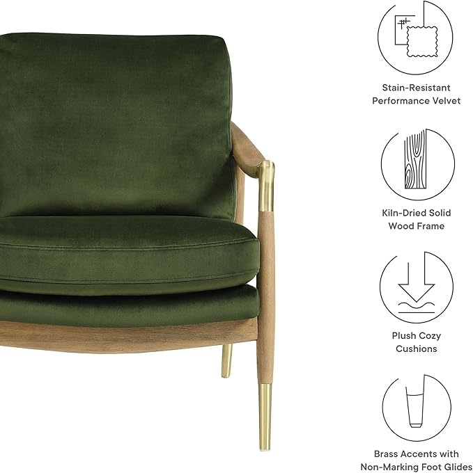 Modway Langford Stain-Resistant Performance Velvet Armchair – Mid Century Modern Velvet Chair with Wood Frame – Upholstered Accent Chair for Living Room or Bedroom
