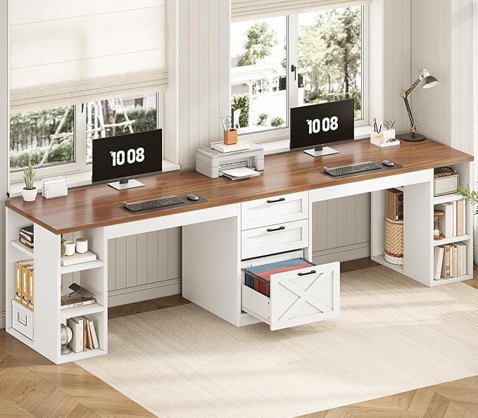 SEDETA Farmhouse 96.5 Computer Desk with Drawers 2 Person Home Office Desk Gaming Double Desk with Storage Shelves Long Two Person Writing Desk (White and Brown)