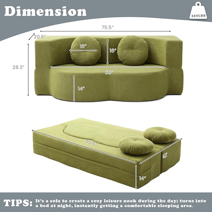 76 Convertible Folding Futon Sofa Bed Queen Sleeper Sofa with Pillow Teddy Fabric Floor &amp Futon Loveseat Couch Foam Folding Mattress Sleeper for Living Room Guest Use Office Apartment(Green