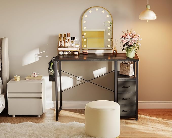 AODK 32-Inch Small Computer Desk with Fabric Drawers Kids Girls Teen Study Writing Desk for Bedroom Home Office Desk for Small Space Black