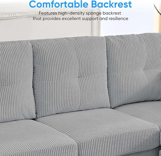 Mjkone Sectional Couch Sofa with Ottoman U Shape Sofa for Living Room Corduroy Convertrible Couches with Double Chaises 6 Seater Sofas for Living Room/Home Office/Guest (Light Grey)