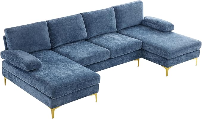 VINGLI 110 Large U-Shape Sectional Sofa Couch with 51 D Double Chaise for Living Room Modern Sectional Couch Set with Soft 5.9 Thickness Seating Padding Chenille FabricMetal Gold Legs(Blue)