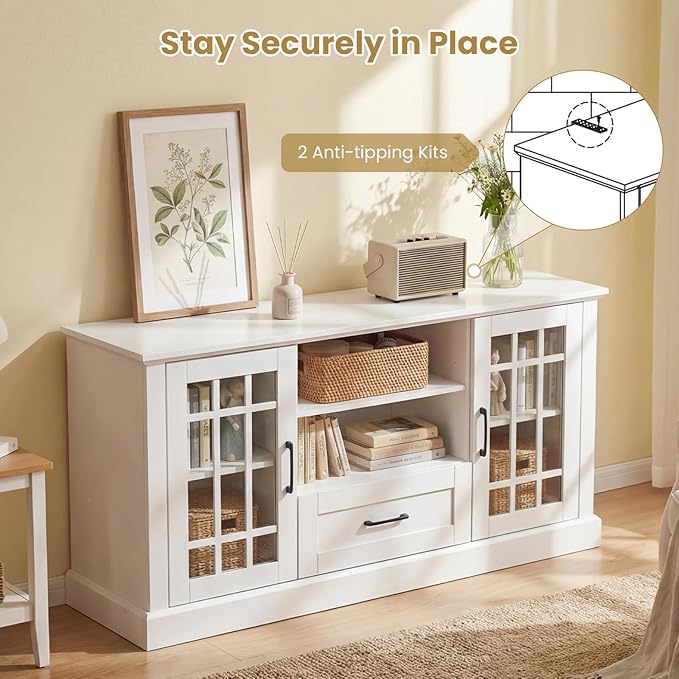 Giantex Farmhouse TV Stand for 65/70 Inch TV Tall Entertainment Center with Storage Cabinets Glass Doors Drawer Removable Shelves Media TV Console Table for Living Room Bedroom (White)
