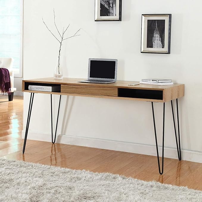 Home Office Desk 59 Large Computer Writing Table Oak Top Metal Legs Easy Assembly