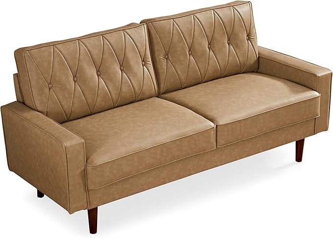 Container Furniture Modern Style Faux Leather Sofa with Elegant Round Tapered Legs and Button Tufted Backrest Perfect for Living Room Bedroom or Home Office 69.3’’ Wide Camel