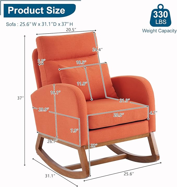 VINGLI Orange Linen Rocking Chair Nursery with Thick Headrest Upholstered Mid-Century Modern Nursing Rocker Glider with Curved Armrest Sturdy Solid Wood Base for Living Room Bedroom Baby Room