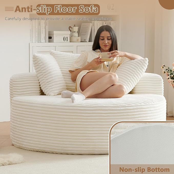 Oversized Round Chair Lounge Chaise Indoor Upholstered Corduroy Deep Seat Cloud Large Circle Sofa Chair No Assembly Required Fluffy Modern Sleeper Sofa Bed for Reading Living Room Bedroom White