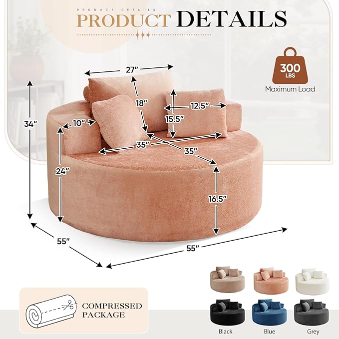 Modern Round Accent Sofa Chair for Living Room Upholstered Soft Terrycloth Barrel Lounge Arm Chair with Large seat&ampThrow Pillows for Bedroom Office Apartment Pink