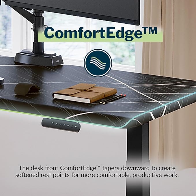 Vari ComfortEdge 60x30 Inch Adjustable Electric Standing Desk – Limited Edition Sit Stand VariDesk with Memory Presets &amp Sloped Front Edge + Tool-Free Assembly (Black Marble/Black Legs)