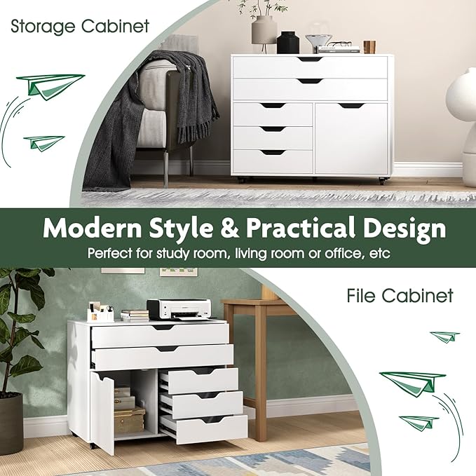 File Cabinet 5 Drawer Filing Cabinet with Door Mobile Storage Organizer Wooden Printer Stand on Wheels for Study Home Office Living Room White