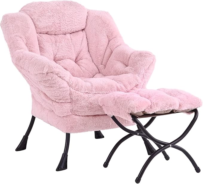LITA Lazy Chair with Ottoman Modern Accent Leisure Upholstered Sofa Contemporary Lounge Reading Chair with Armrests and a Side Pocket for Living Room Bedroom &amp Small Spaces Plush Pink