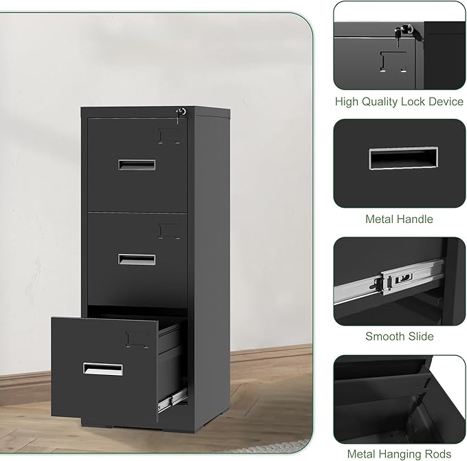 3 Drawer Small Metal Vertical File Cabinet with LockUnder Desk Storage Filing Cabinets for HomeOffice Cabinet Organizer Locking DrawersAssembly RequiredBlack