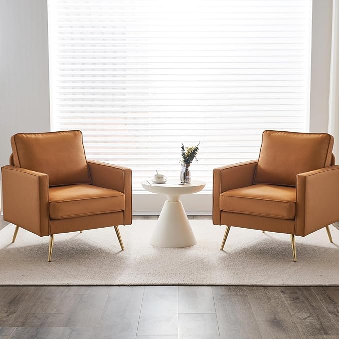 VINGLI Modern PU Leather Accent Chair for Living RoomBedroom Comfy Chair Arm Chair Reading Chair with Golden Metal Legs and Deep Seat for OfficeApartmentSmall SpaceCognac