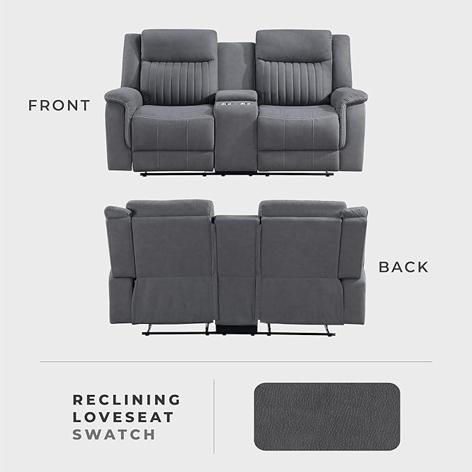 Lexicon Manual Double Reclining Loveseat Polished Microfiber Manual Wall Hugger Loveseat Recliner for Living Room Center Storage Console/Cup Holders Easy Assembly Gray