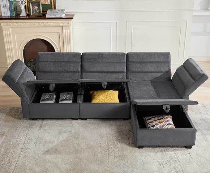 asunflower Modular Sectional Sleeper Sofa with Seats Storage Velvet Modular Sofa Couch with Reclining Arm and Back 6 Seater Storage Couches for Living RoomRemovable CoversPillows
